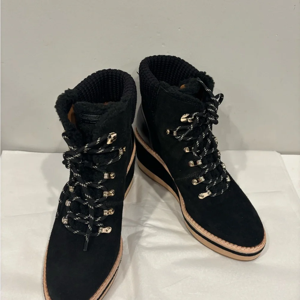 Kate Spade Willow Wedge Black Suede and Tan Lace Up Boots - Picture 4 of 10